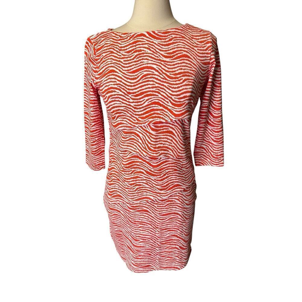 J. McLaughlin Catalina Cloth 3/4 Sleeve Stretch Sheath Dress Medium Orange Tiers